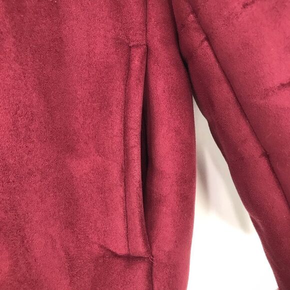 Maroon Faux Suede Burgundy Faux Fur Lined Button Up Holiday Jacket - Picture 15 of 16
